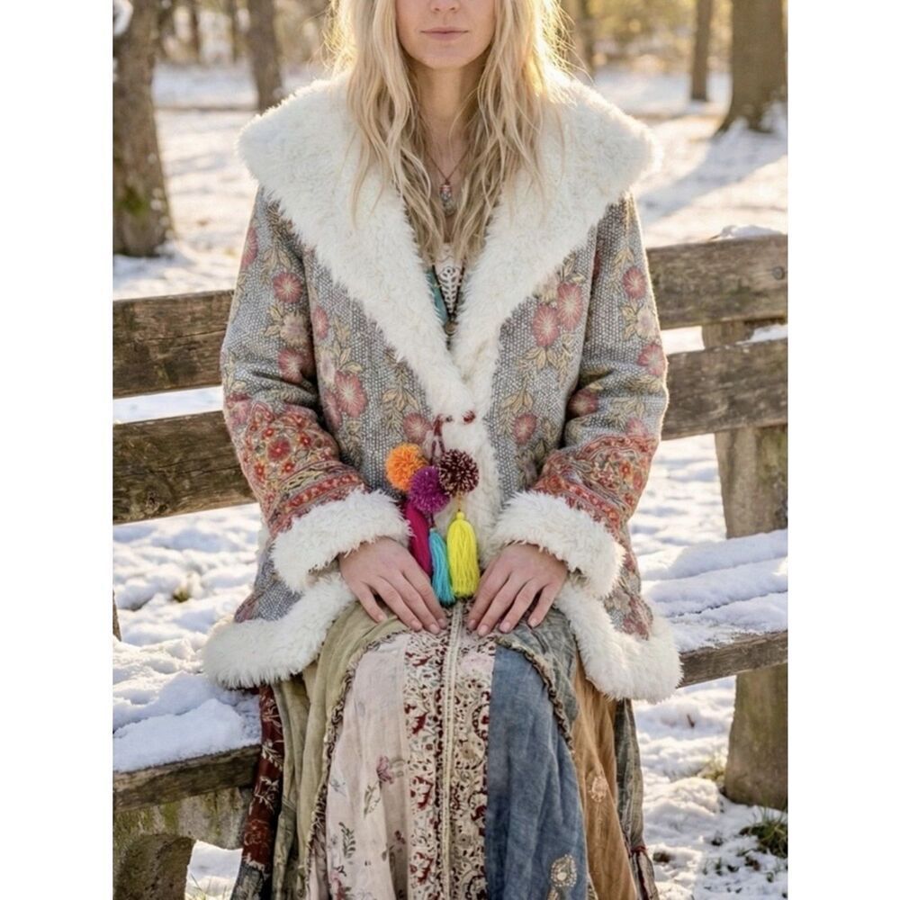 Johnny Was Biya Quarda Floral Faux Shearling Hooded Jacket Size M - Picture 2 of 16